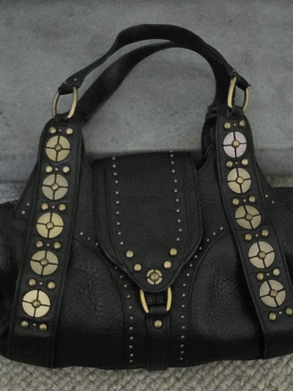 RARE COLE HANN, Black Studded Leather Tote Bag with Gold Accents - Women